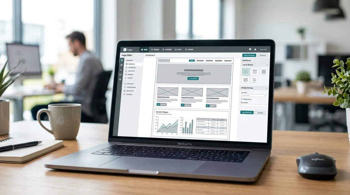 Laptop screen showing a digital dashboard or website editor interface with wireframe elements.