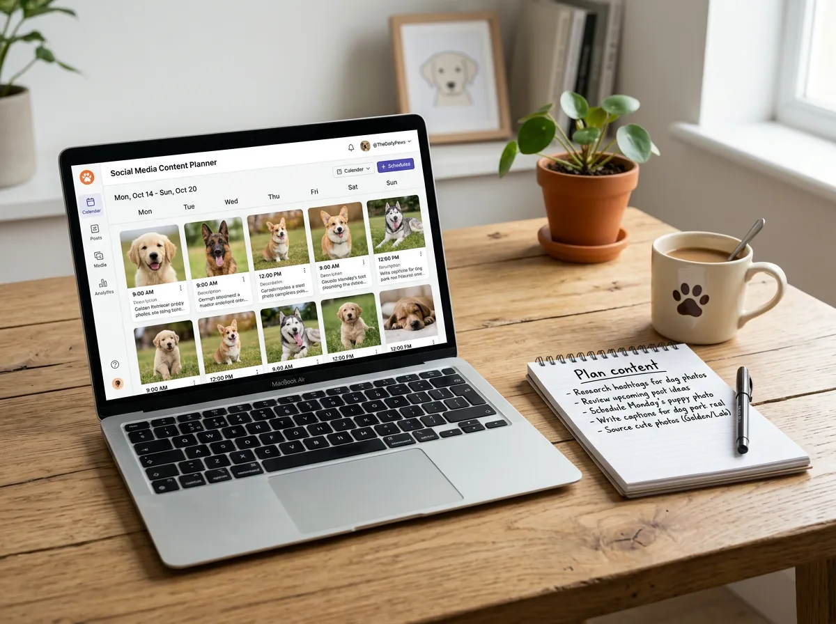 Laptop on a wooden desk displaying a social media content planner with photos of dogs, next to a notepad with 'Plan content' tasks and a paw print mug.