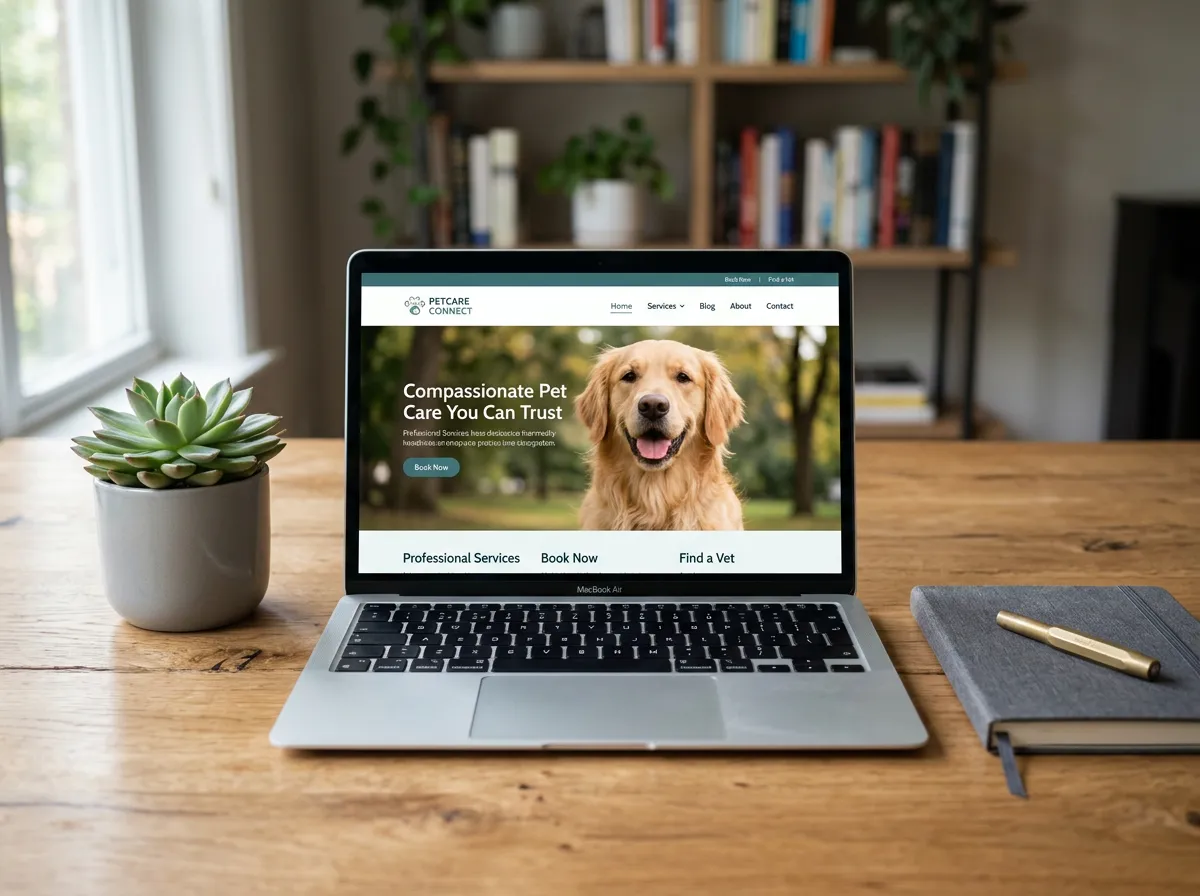 Laptop on a wooden desk displaying a pet care website with a dog photo. A small potted plant and notebook are visible on the desk.