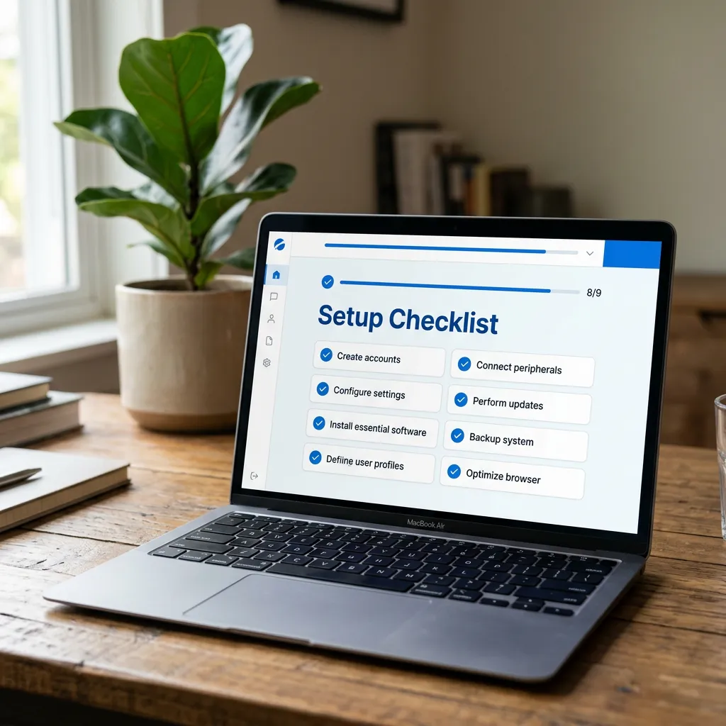 Laptop screen showing a Setup Checklist with blue checkmarks next to tasks like Create accounts, Configure settings, and Test booking process.