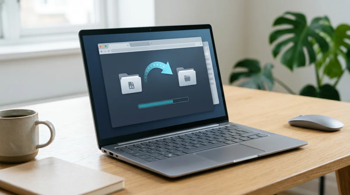 Laptop screen showing a file transfer graphic with two folders and an arrow.
