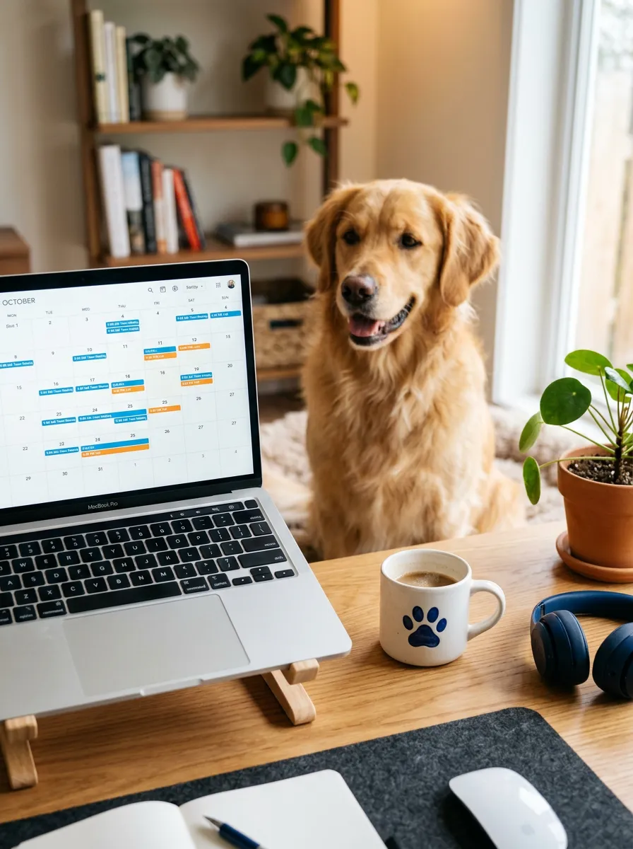 Laptop screen showing calendar software, a happy golden retriever dog in the background looking towards it, next to a white mug with a blue paw print, on a wooden desk.