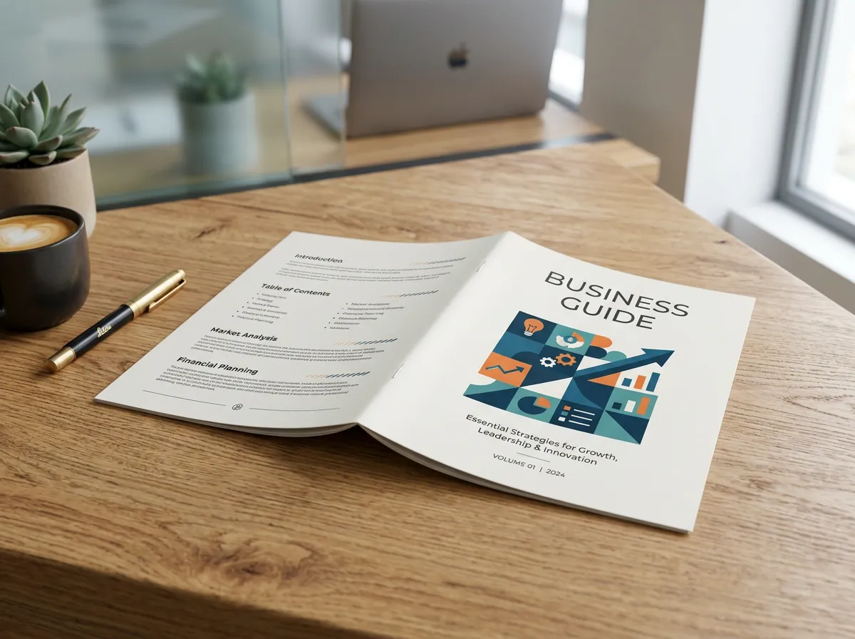 Printed document titled 'Business Guide' on a wooden surface.