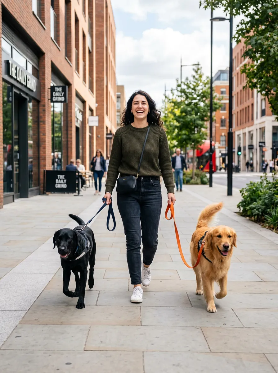 A smiling woman wearing dark casual clothing walking two dogs (a dark one and a golden retriever) on a city sidewalk, taken from the front.