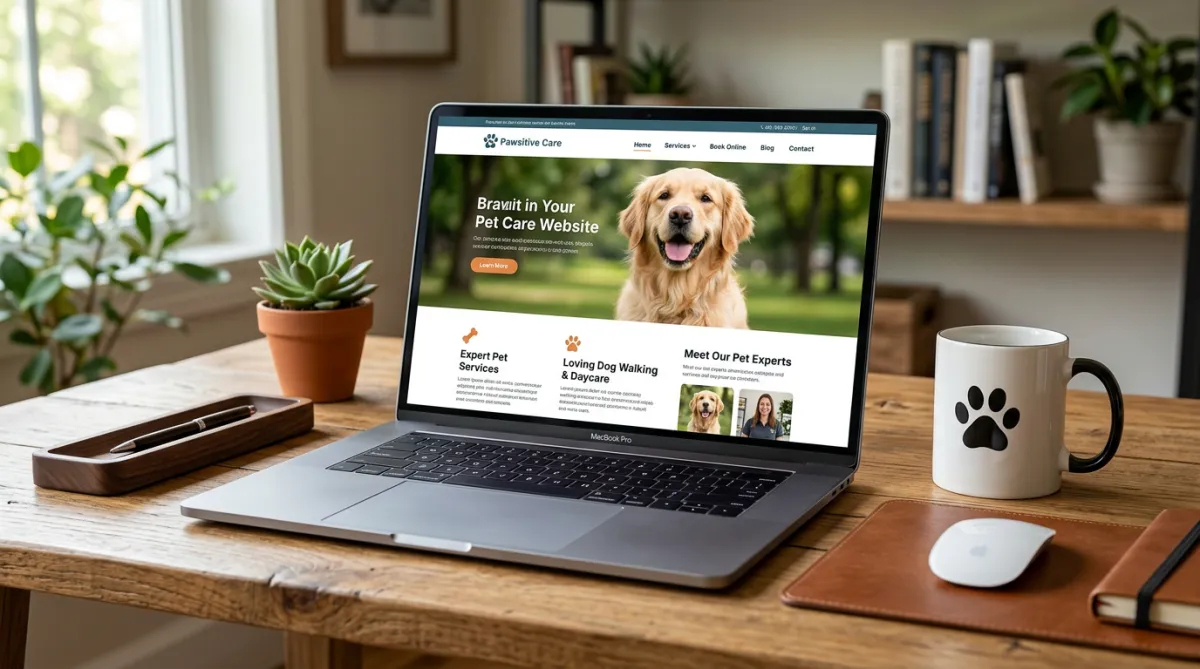 Laptop on a wooden desk showing a pet care website with a golden retriever, positioned next to a white mug with a black paw print logo.
