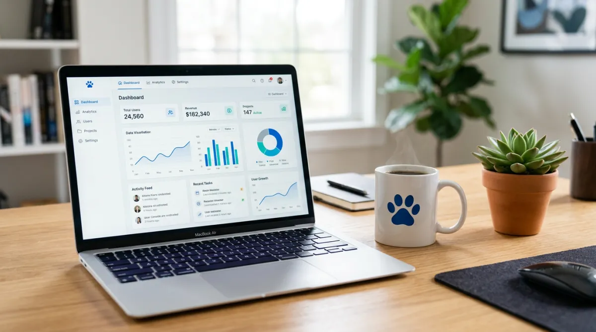 A laptop open on a desk showing a light-themed dashboard software interface. Next to the laptop is a white coffee mug with a blue paw print logo and a small potted plant.