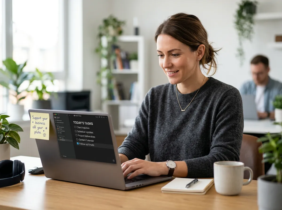 Woman working on a laptop, screen showing a task checklist ('Client Inquiries', 'Schedule Updates', etc.) with a yellow sticky note saying 'Support your business off your plate.' with a paw print.