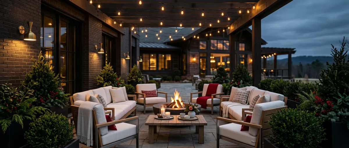 Patio and outdoor living entertainment space illuminated with warm ambient lighting