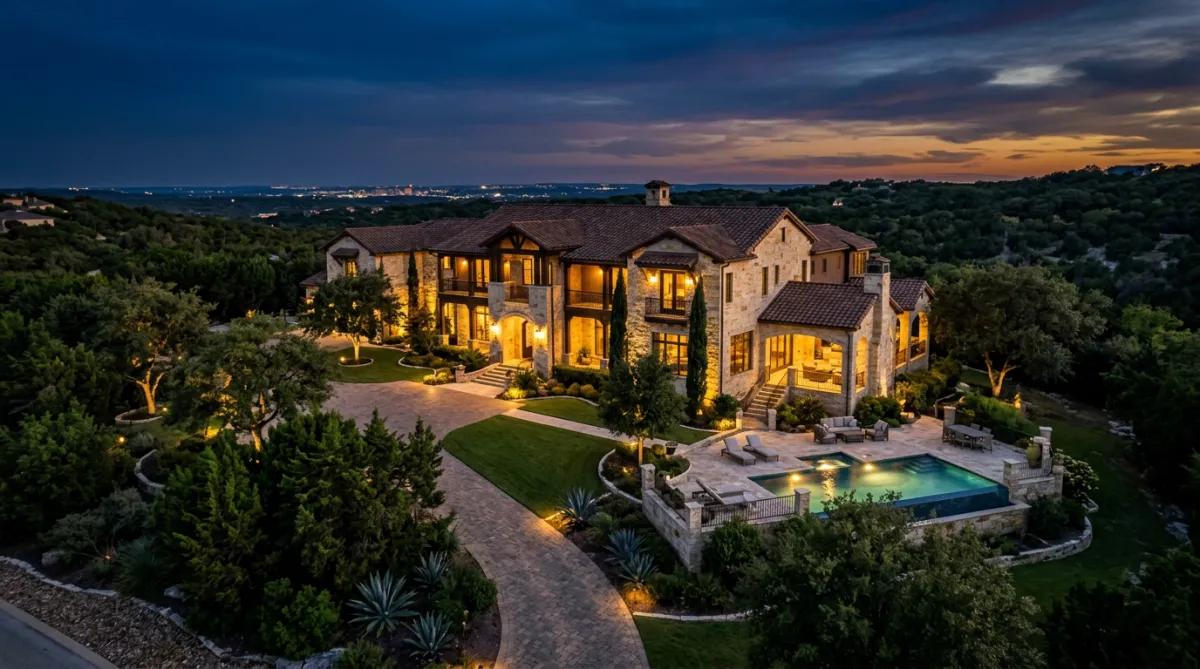 Large estate with a lit facade, pool, and landscaped grounds at dusk