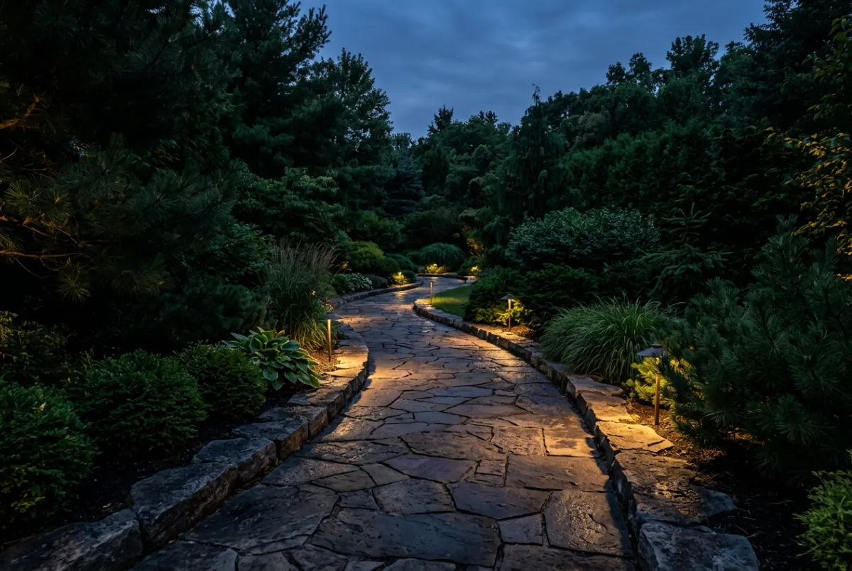 Warm landscape and stone walkway lighting on manicured grounds