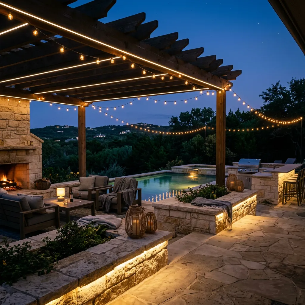 Pergola with string lights next to a lit outdoor kitchen and pool