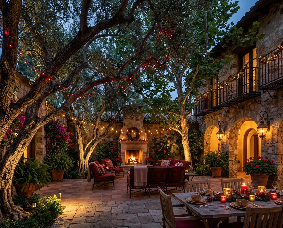Courtyard patio with string lights wrapped through tree branches at night
