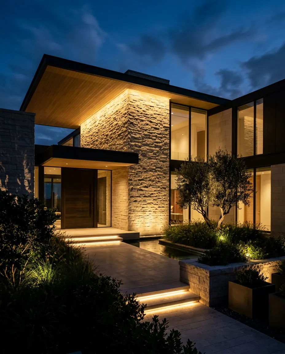 High-end architectural outdoor lighting illuminating modern limestone residence and landscaped courtyard