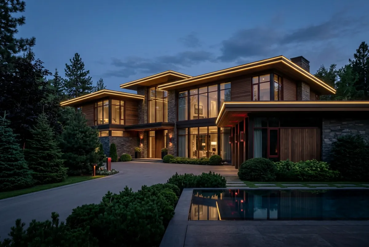 Permanent architectural roofline illumination on a luxury estate