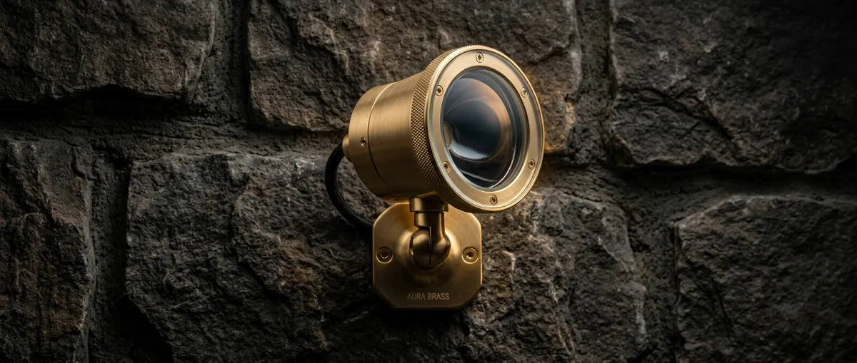 Architectural macro detail of a precision-engineered solid brass outdoor spotlight casting warm directional illumination against a natural stone wall