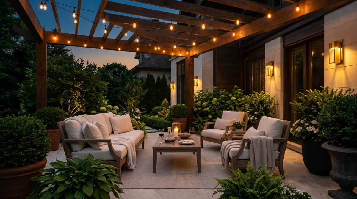 Covered patio with string lights and warm wall lights over outdoor seating