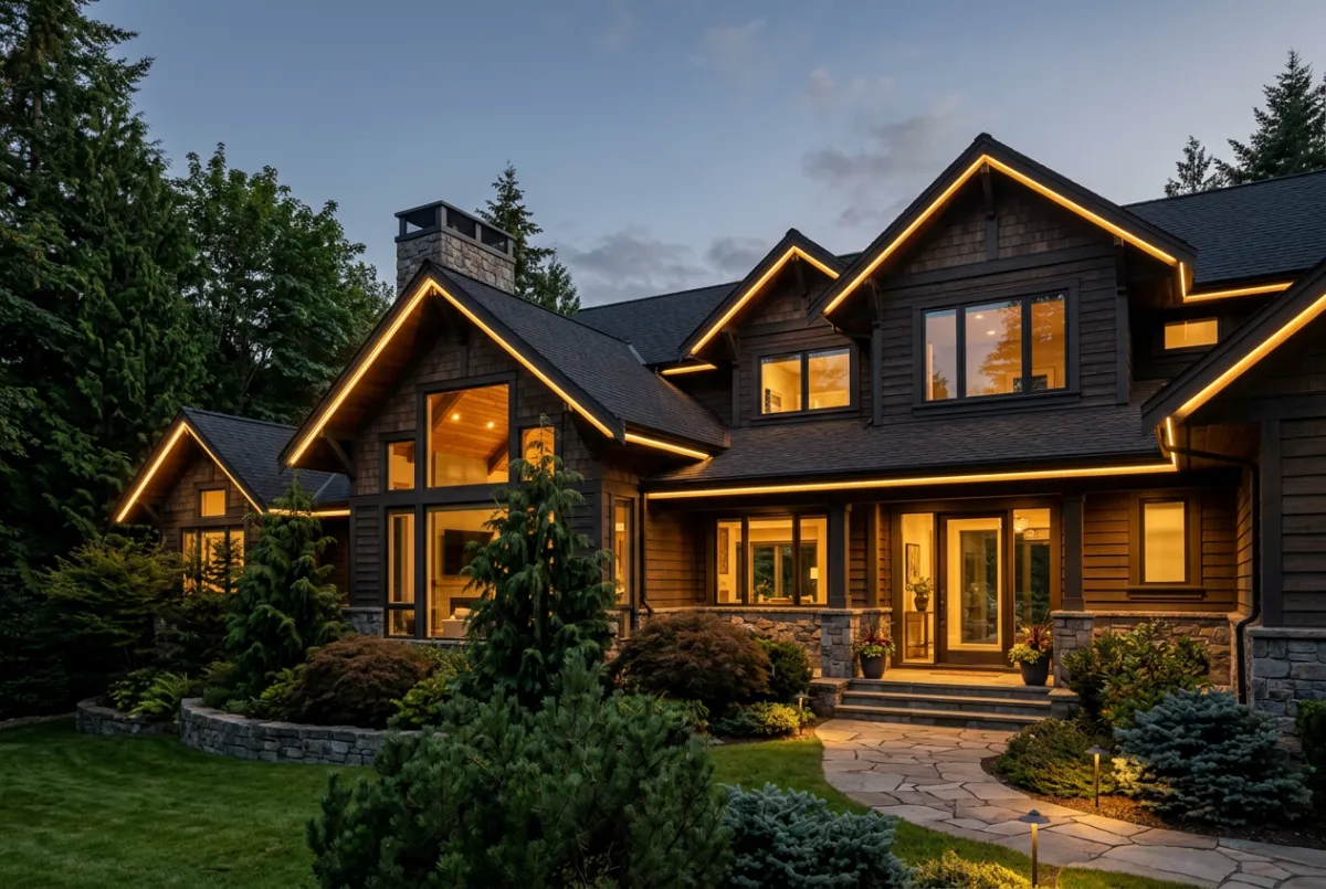 Permanent roofline lighting cleanly installed on luxury estate eaves