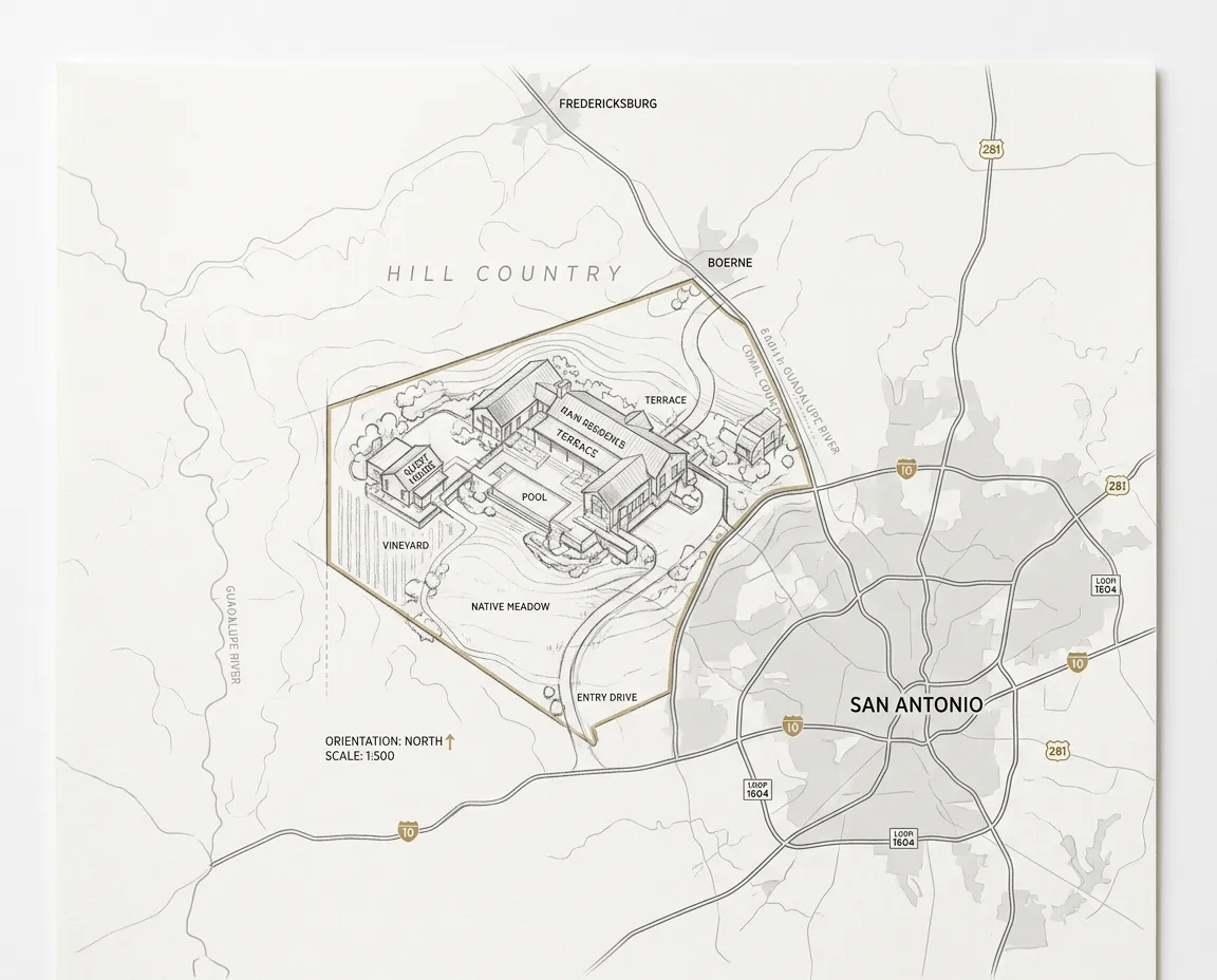 Architectural sketch and regional site map for San Antonio and Texas Hill Country estate lighting coverage