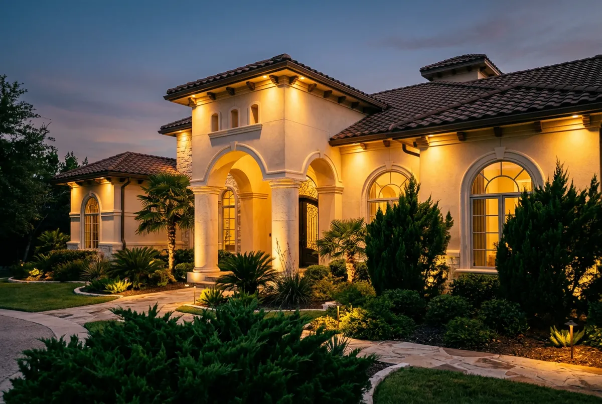 San Antonio home exterior at dusk with outdoor lighting design inspiration