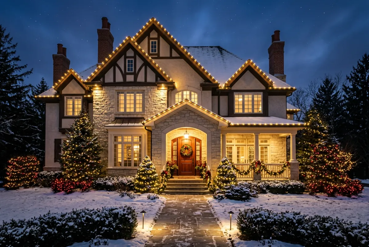 Warm holiday and festive illumination on a residential front exterior