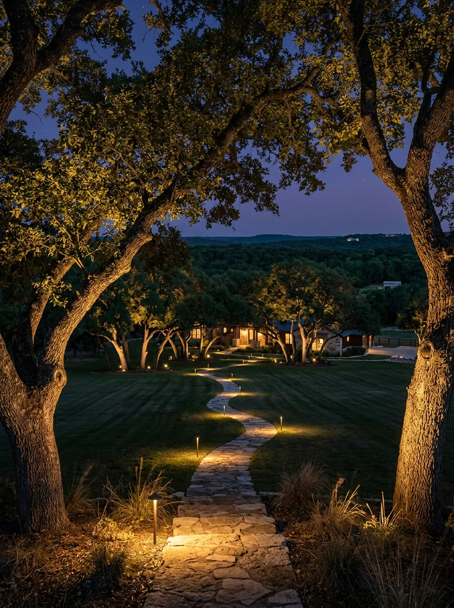 Large trees uplit with warm light beside a softly lit walkway