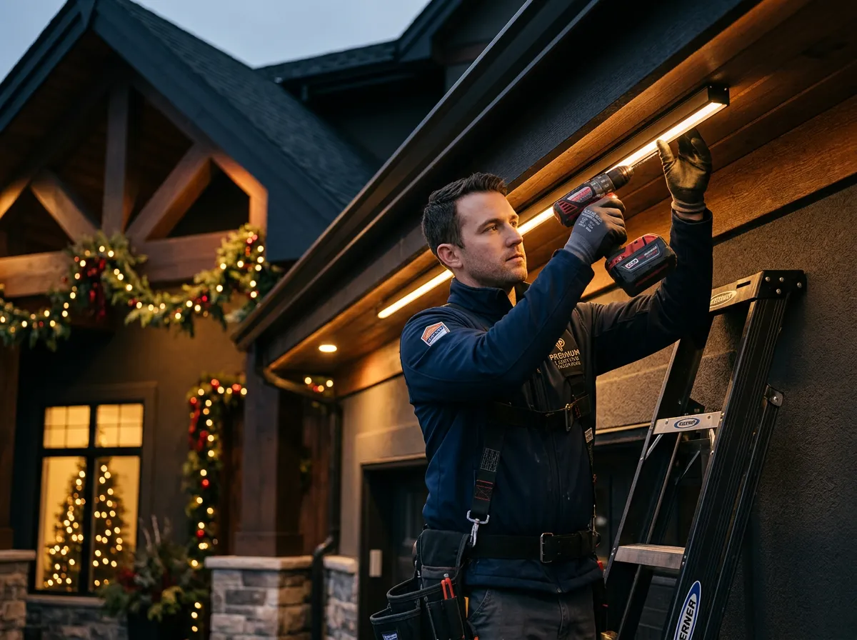 Technician installing a sleek permanent lighting channel under a home’s eaves