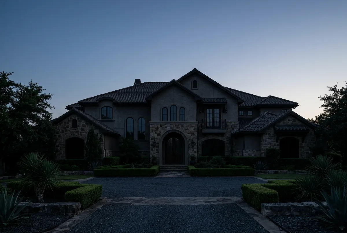 San Antonio home exterior at dusk without outdoor lighting (before example)