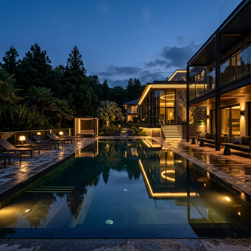 Pool terrace and modern building with warm architectural lighting at night