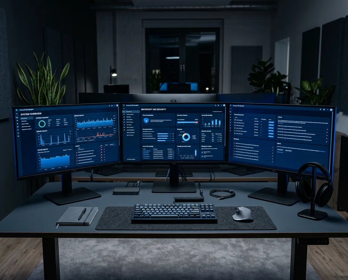 Modern technical IT workstation setup with multiple high-resolution displays showing system monitoring and security dashboards