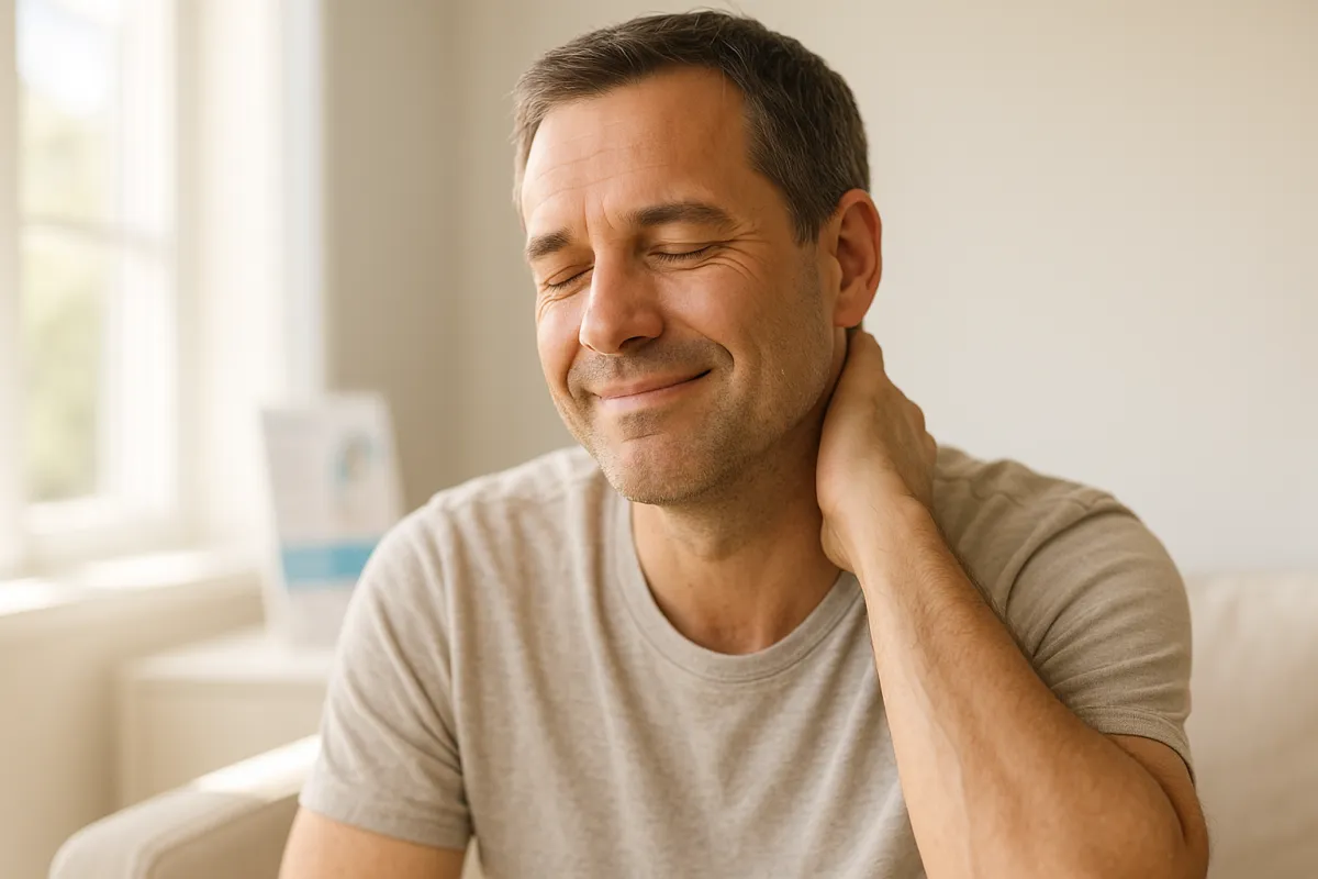 Relieved middle-aged man resting hand on neck in bright home setting