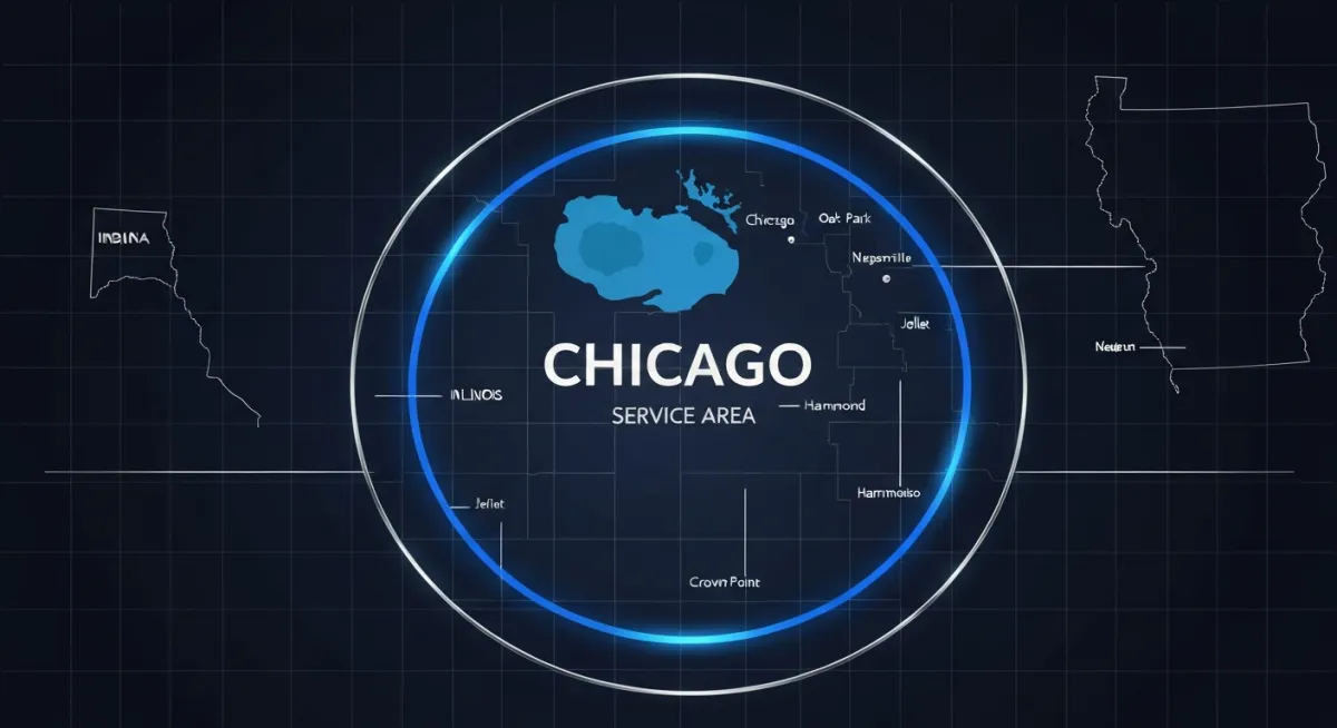 Service area map showing Chicago metro radius extending into Northwest Indiana (including Indiana suburbs near Chicago)