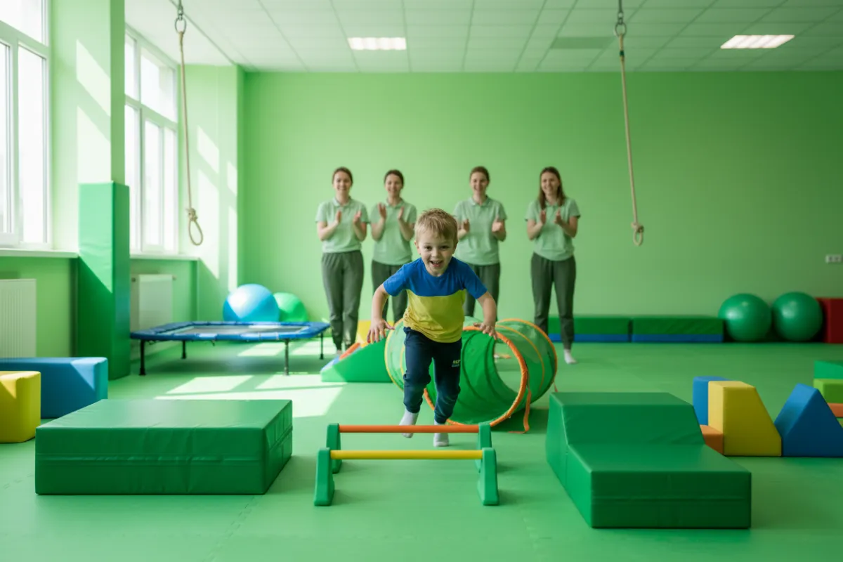 Child running through an obstacle course in a therapy gym