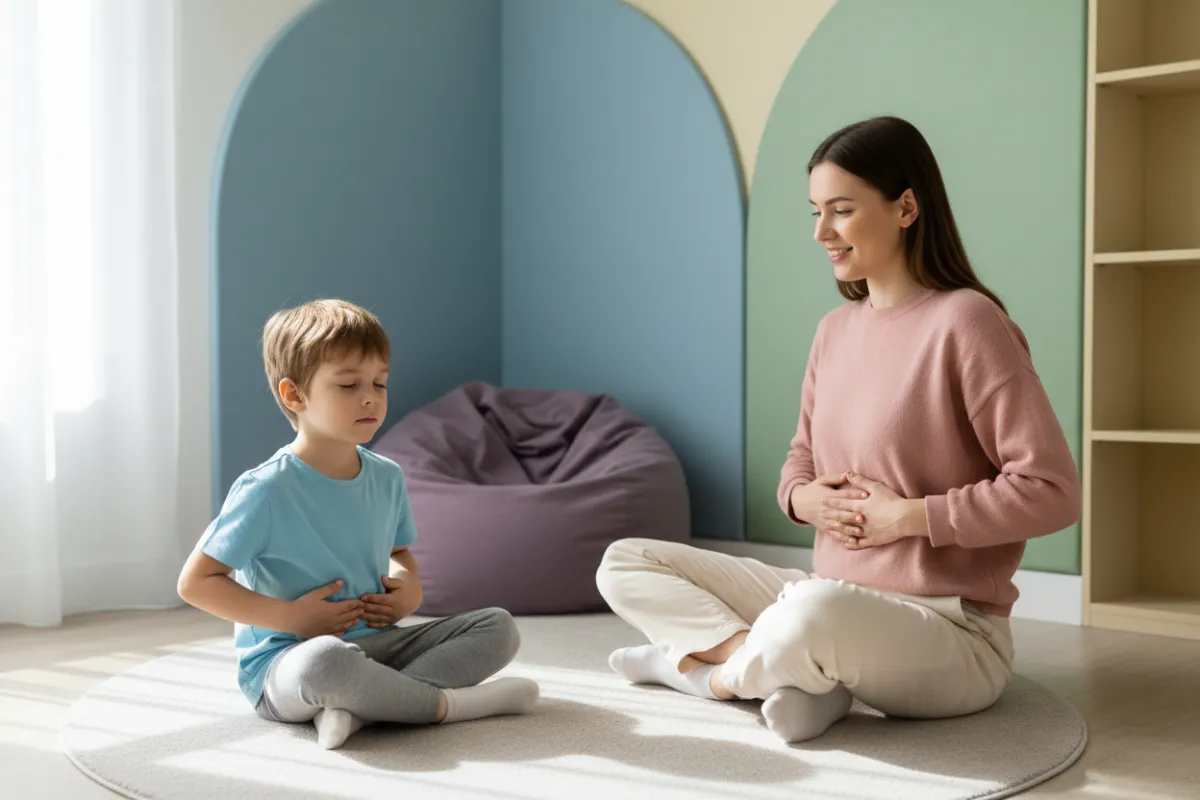 Child practicing breathing with a therapist in a calm corner