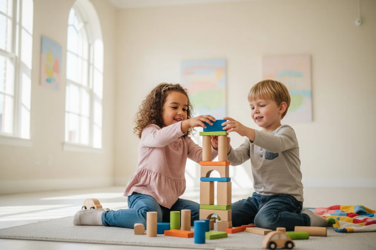 Two children cooperating in a block-building activity