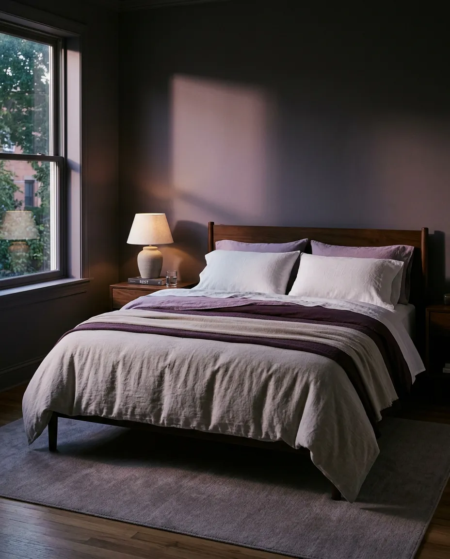 Serene bedroom bathed in soft golden morning sunlight with crisp linen sheets