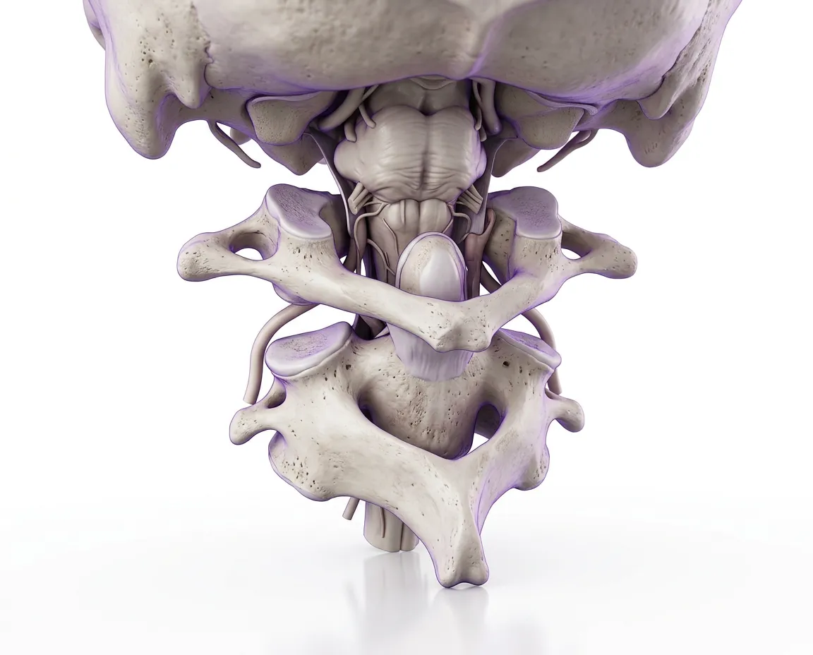 Clinical anatomical diagram showing the C1 Atlas and C2 Axis vertebrae surrounding the brainstem at the craniocervical junction