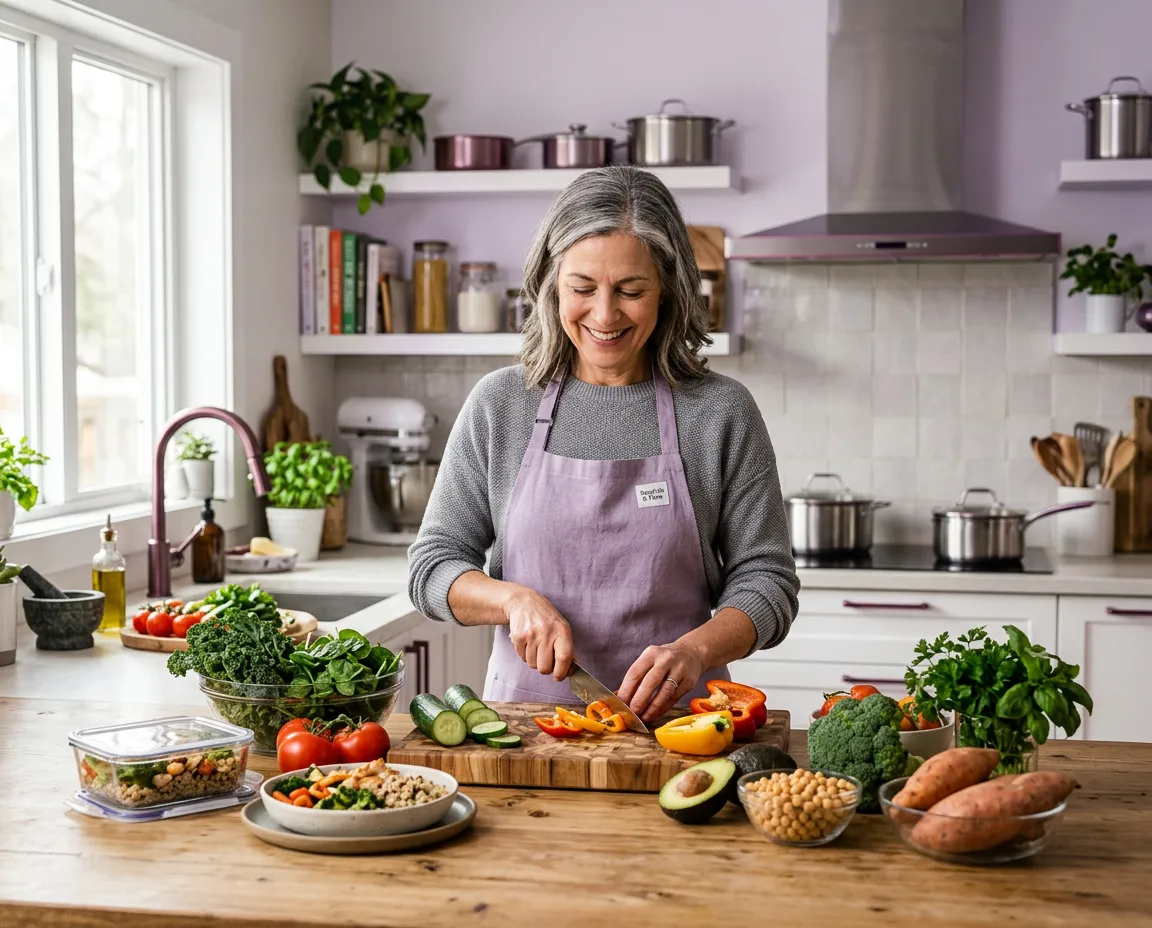 Active person preparing fresh nutrient-dense whole foods and balanced meals in a bright kitchen