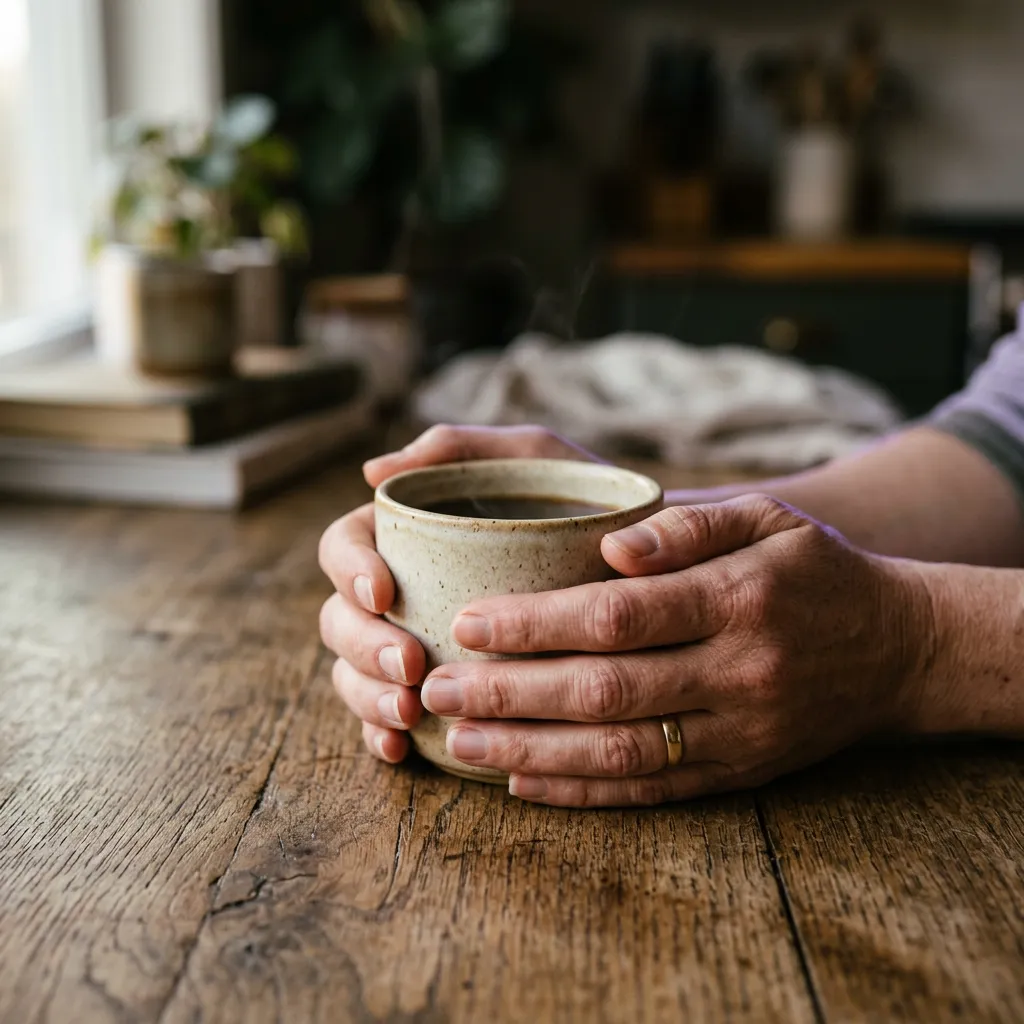 A peaceful morning moment with hands holding a warm ceramic mug in soft natural sunlight