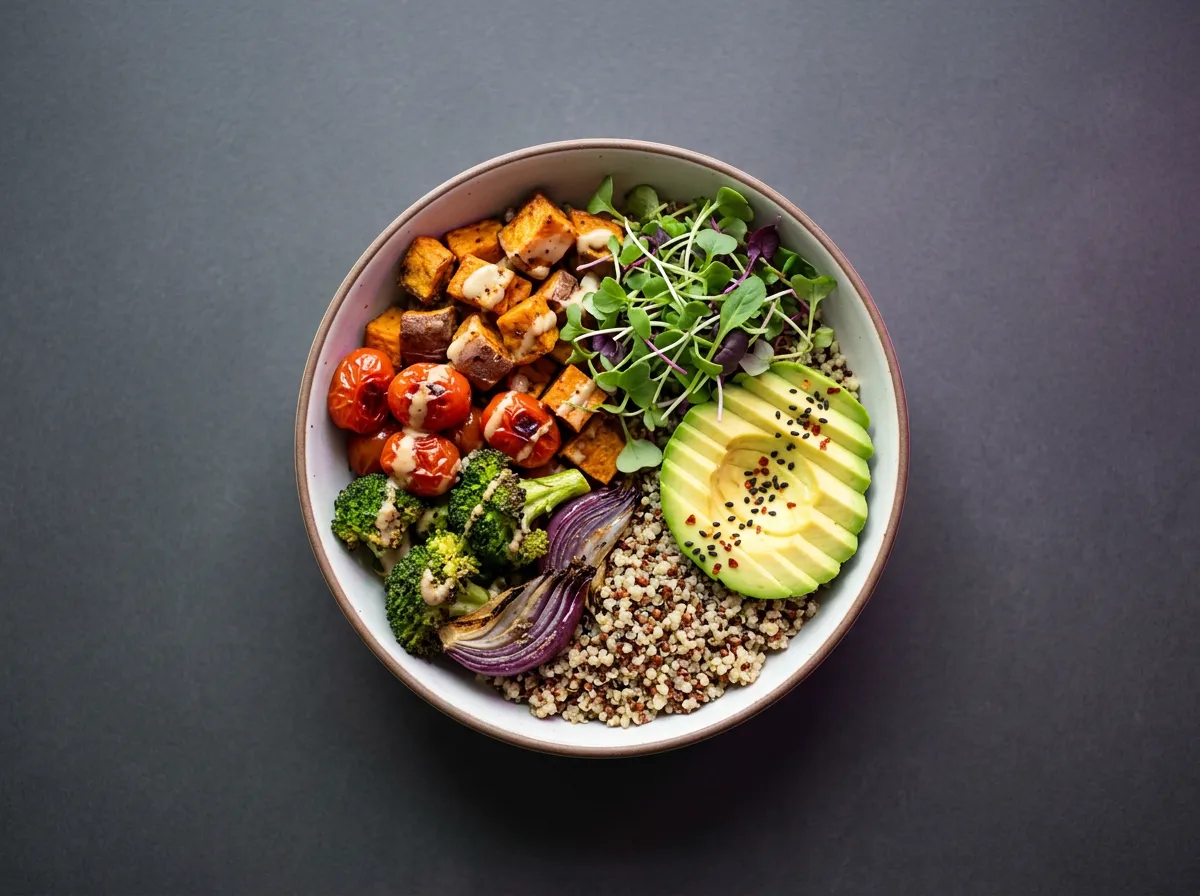 A clean, nourishing meal bowl filled with vibrant vegetables, quinoa, and avocado
