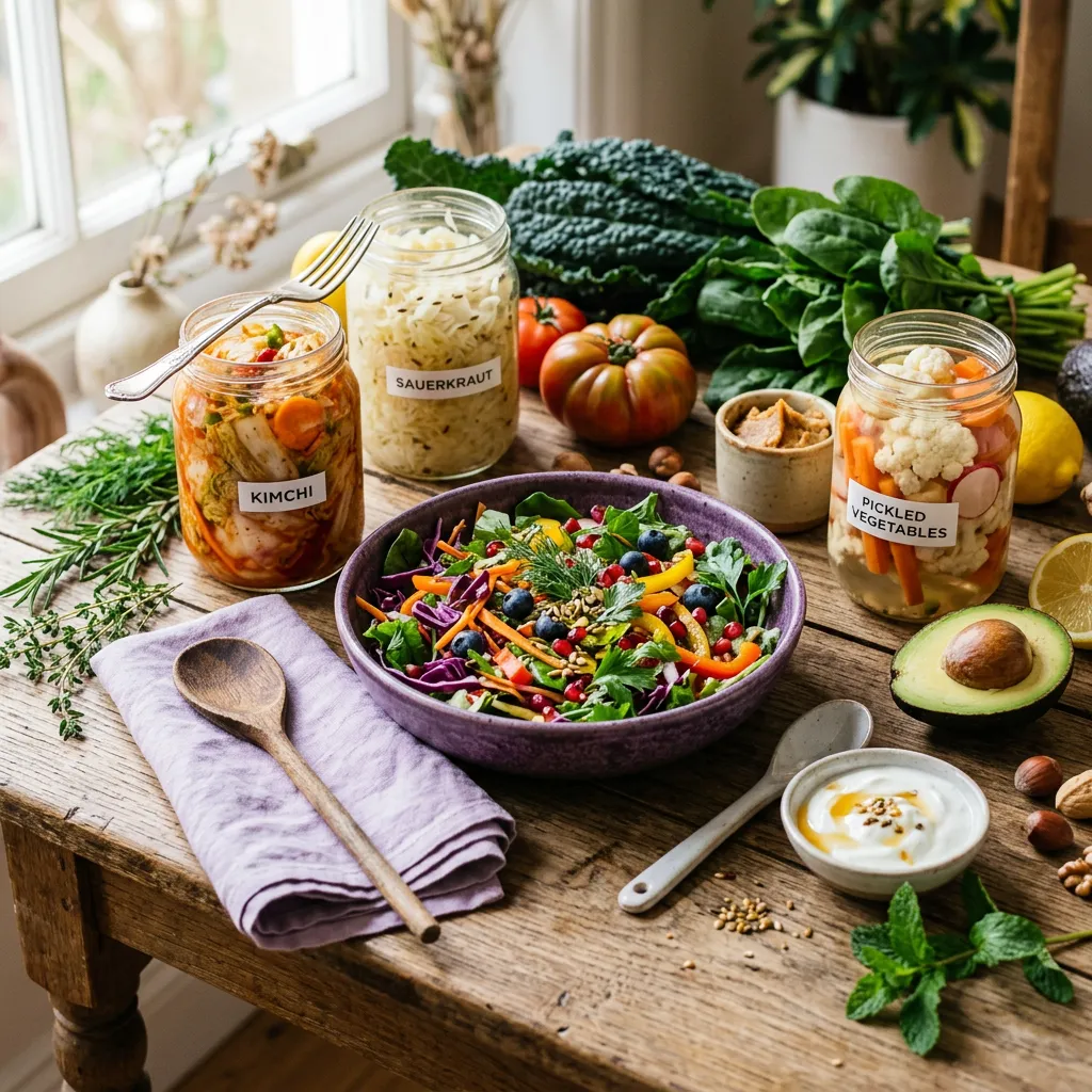 Fresh organic colorful produce and wholesome foods supporting gut health