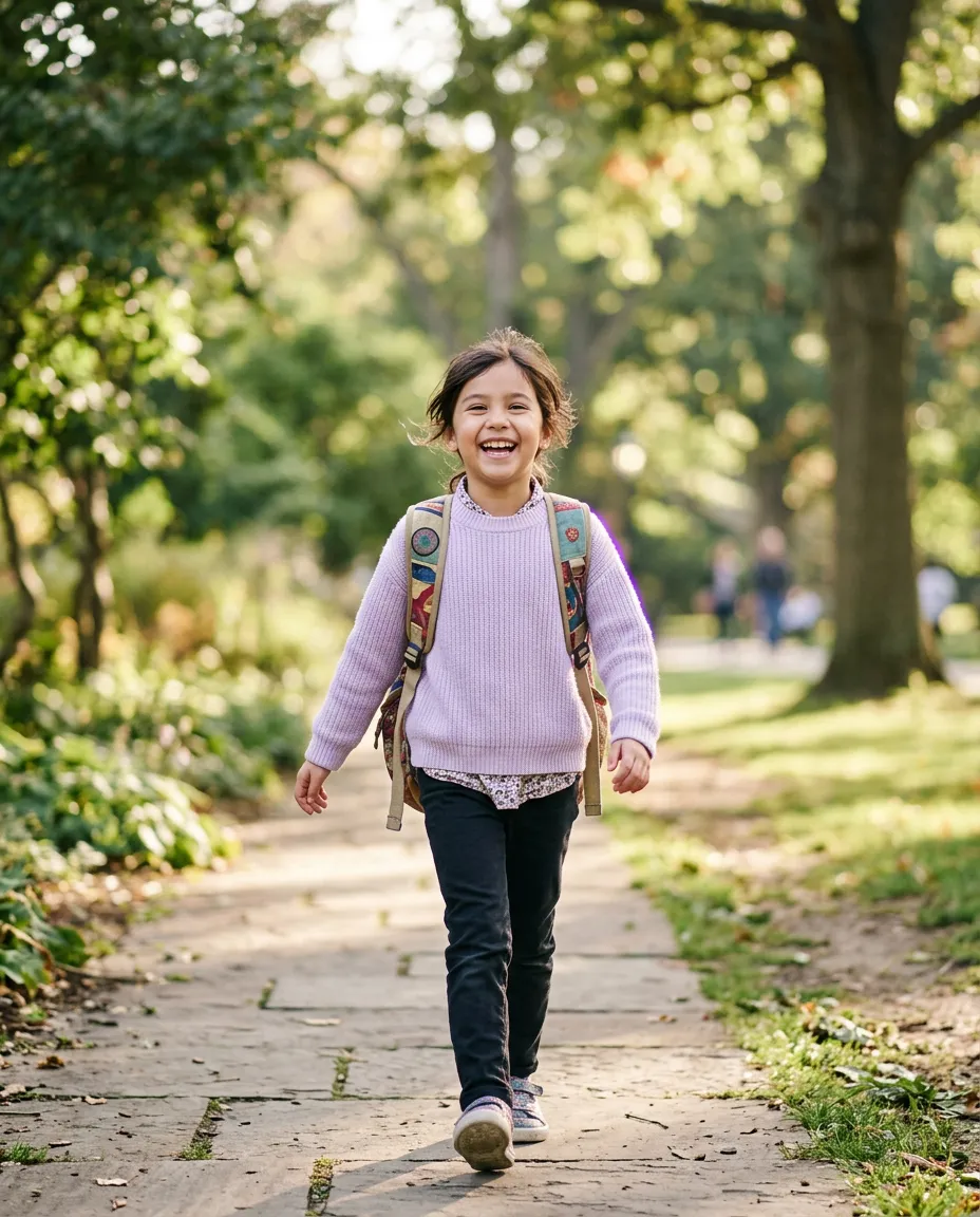 Smiling school-aged child happily wearing a backpack outdoors in warm natural sunlight