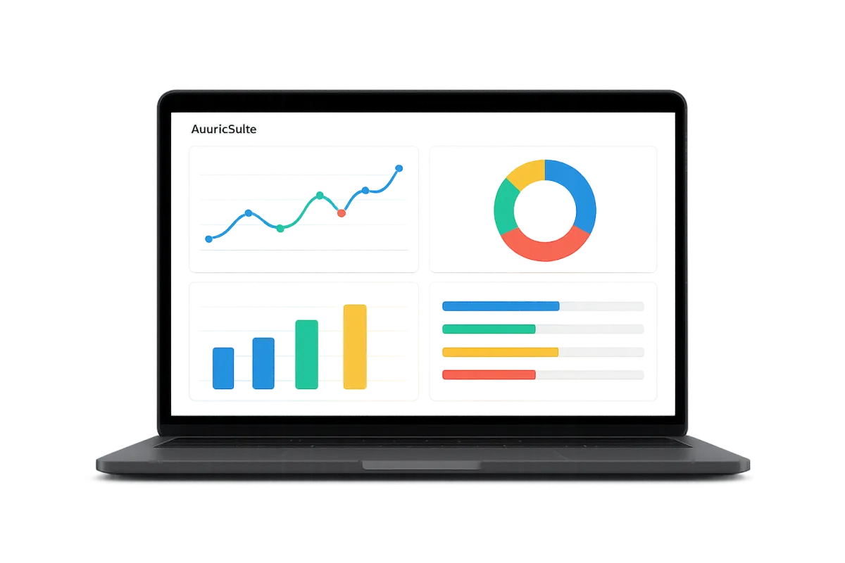 Laptop with AuricSuite analytics dashboard and performance charts