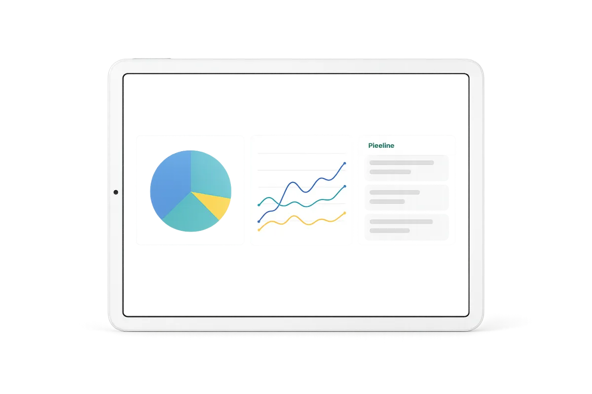 GoldenMagna AI CRM dashboard on a tablet device, front-facing screen with charts and pipeline cards