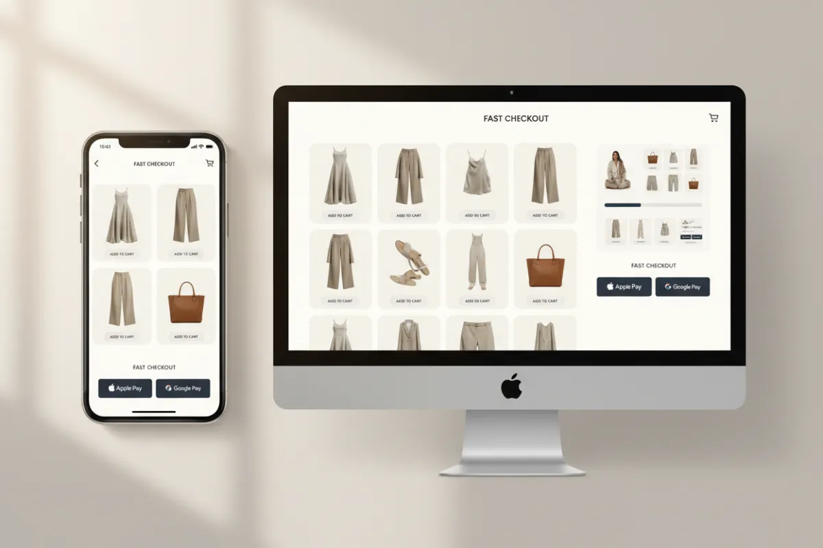 Fashion boutique demo mockup showing mobile-first product grid and fast checkout.