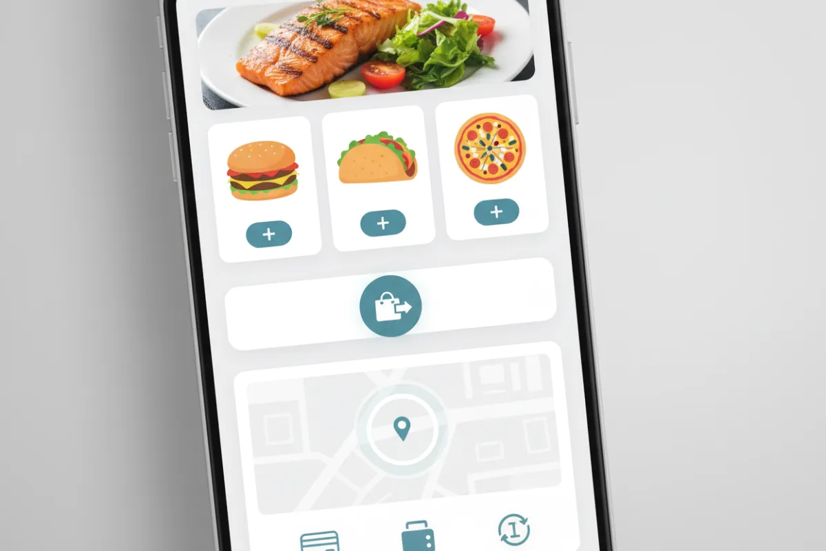 Food delivery demo showing menu cards, quick-add CTA and delivery zone selector.
