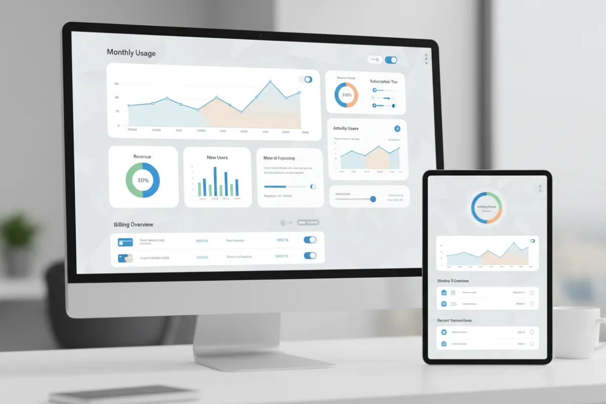 SaaS dashboard demo with analytics graphs, modular widgets and billing panels.
