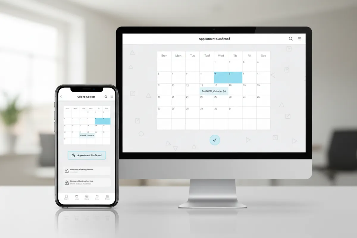 Calendar booking confirmation on phone and desktop for pressure washing appointment
