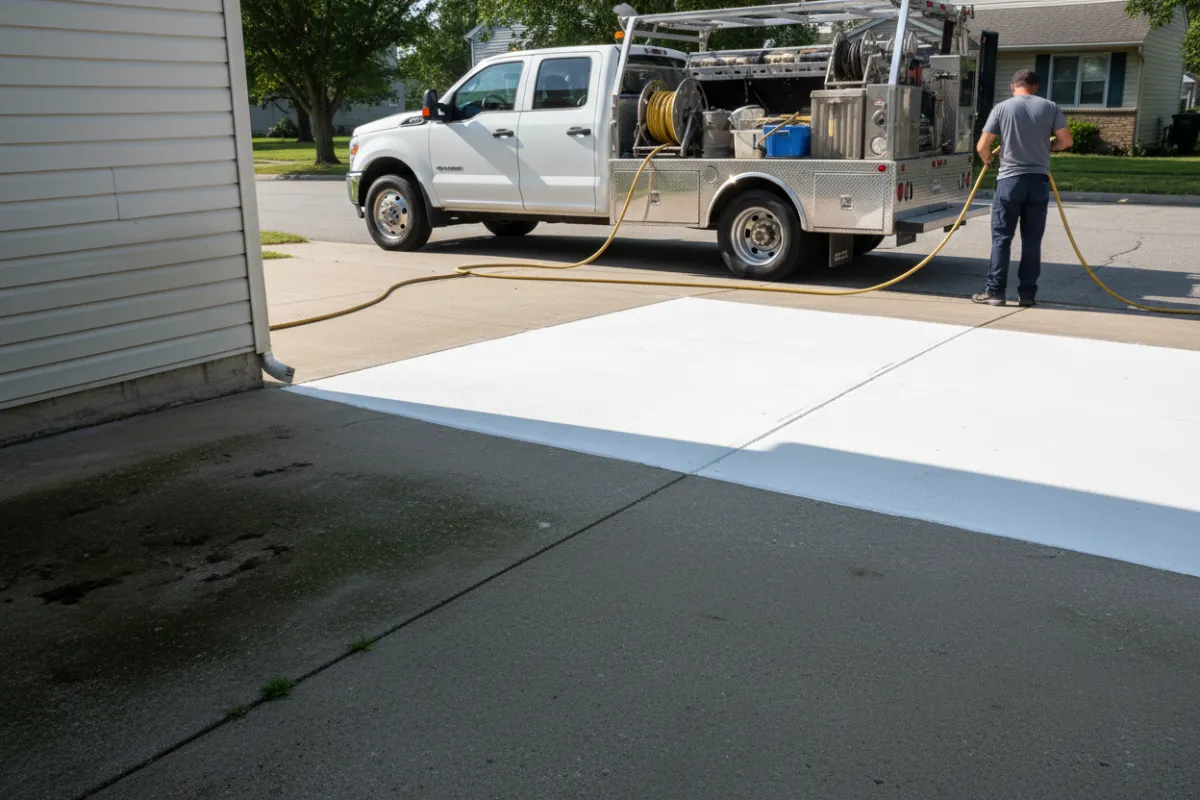 Wide-angle photo of a clean white pressure washing truck parked beside a homeowner driveway, operator prepping hose, gritty driveway and siding visible, photorealistic, high detail.