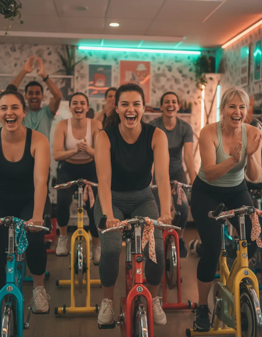 Local community members riding colourful stationary bikes for charity indoors
