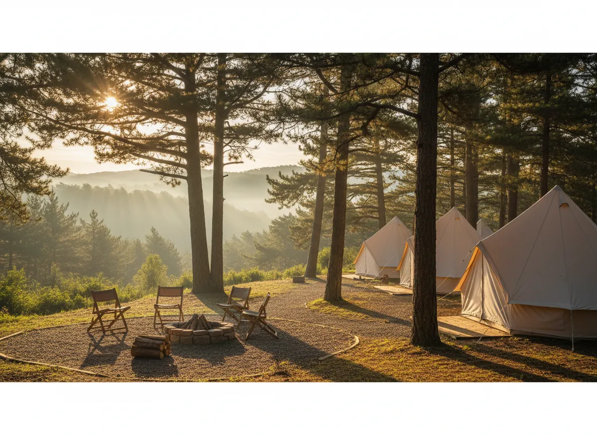 Panoramic view of The Campsite surrounded by forest at golden hour